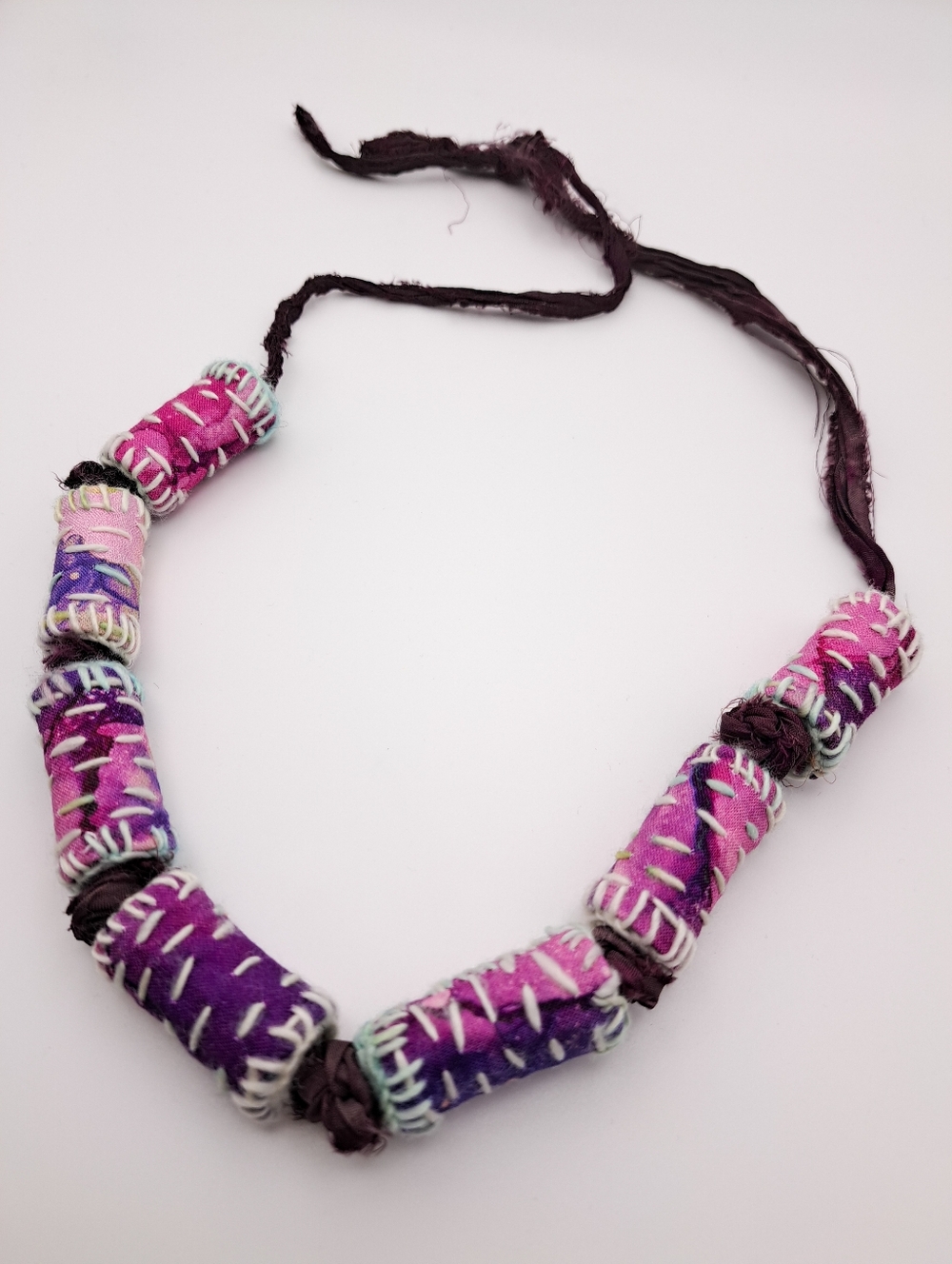 Handmade Pink & Purple Fabric Bead Necklace - Women Textile Jewelry